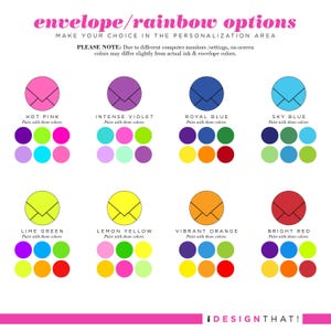 Envelope color chart for RAINBOW kids stationery set showing how the rainbow palette pairs with each envelope color