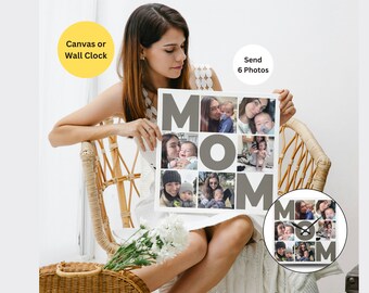 May include: A white canvas or wall clock with the word "MOM" spelled out in gray letters. Each letter is filled with a different photo of a mother and child. The clock is being held by a person.