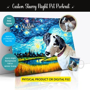 Custom Starry Night Dog Portrait From Photo, Personalized Van Gogh Background, Unique Dog Wall Art Gift for Pet Memorial and Dog Lovers Gift