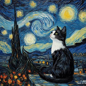 Tuxedo Cat, Vincent Van Gogh-inspired Starry Night Framed Wall Art, Unique Gift for Cat Lovers, Cat Portrait Home Decor, Framed or Unframed