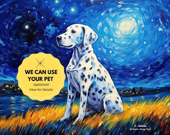 Decoración personalizada de perro dálmata - Noche estrellada, estilo Van Gogh. Disponible como impresión personalizada o decoración de pared prefabricada. Con o sin marco.