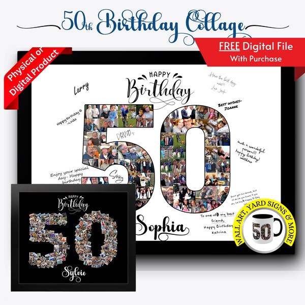 Personalized 50th Birthday Gift Number Photo Collage from your photos,  Gift for Mom or Dad, Any Number, Framed, Unframed or Digital