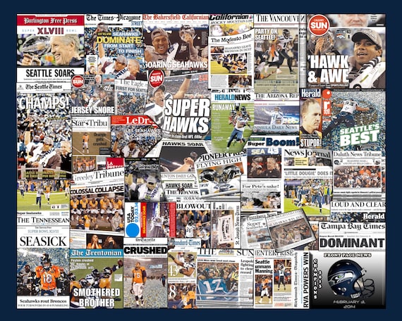 Seattle Seahawks 2014 Super Bowl Newspaper Collage Poster 16x20/" Unframed