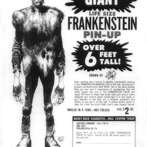 Decoración de Halloween... Póster vintage de FRANKENSTEIN de 6 pies Vendido por Captain Company of. Monstruos famosos de Filmland 1970&#39;s Jack Davis