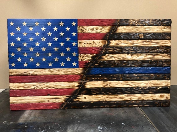 Two Tone Rustic Woodburnt Half American Flag Half Thin Blue Line Two Tone Rustic Woodburnt Half American Flag Half Thin Blue Line