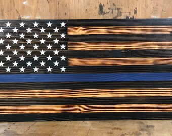 Two Tone Rustic Woodburnt Half American Flag Half Thin Blue Line 