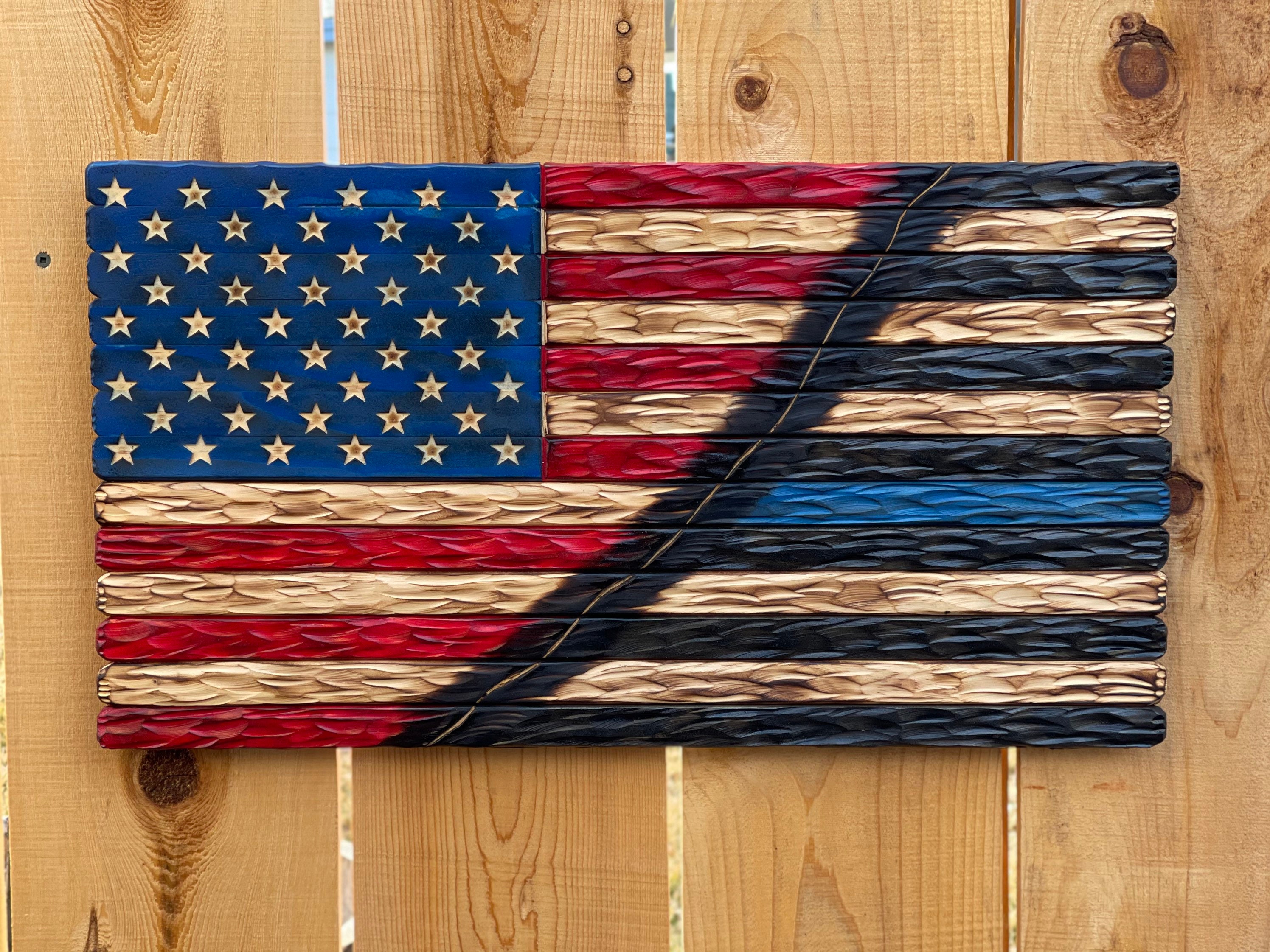 Two Tone Rustic Woodburnt Half American Flag Half Thin Blue Line Two Tone Rustic Woodburnt Half American Flag Half Thin Blue Line