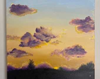 Golden Sunset Purple Clouds Landscape Original 10x10 Canvas