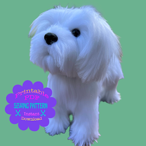 11" Plush Dog Sewing Pattern with detailed instructions and instruction video