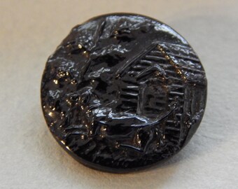 Dog in Front of the Dog House - Black Glass Molded Antique Button
