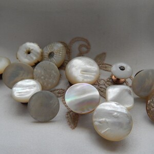 May include: A collection of assorted round buttons crafted from iridescent mother-of-pearl shell. The buttons feature various textures, including smooth, polished surfaces, subtle grid patterns, and one button with a distinct brown, textured finish.