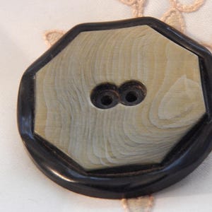 May include: A black and white octagonal button with a woodgrain pattern and two holes.