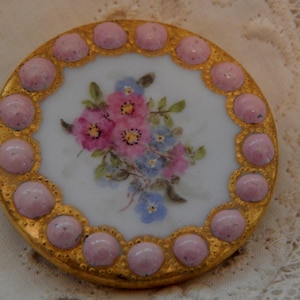 Antique Porcelain Large Button - Pink Knobs and Floral Center Late 1700s to Early 1800s