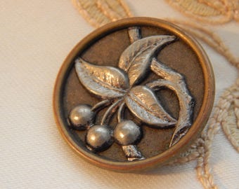 Cherries -  1 Inch White Metal in Brass Antique Button