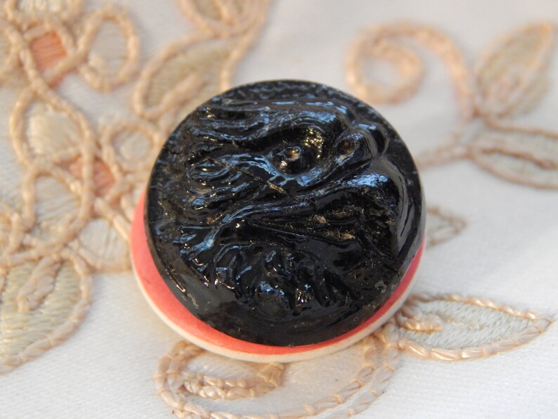 Molded Thick Black Glass Button Shank Repair Eagle Head