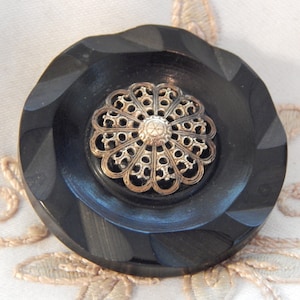 Black Bakelite Type Plastic with a Brass Openwork Enhancement - Vintage Coat Button
