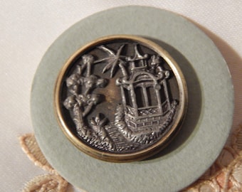 Oriental Pagoda Scene -Pierced White Metal with Brass Rim Antique Button