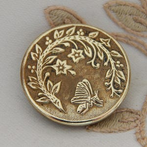 Butterfly and a Curved Branch of Flowers Antique Button