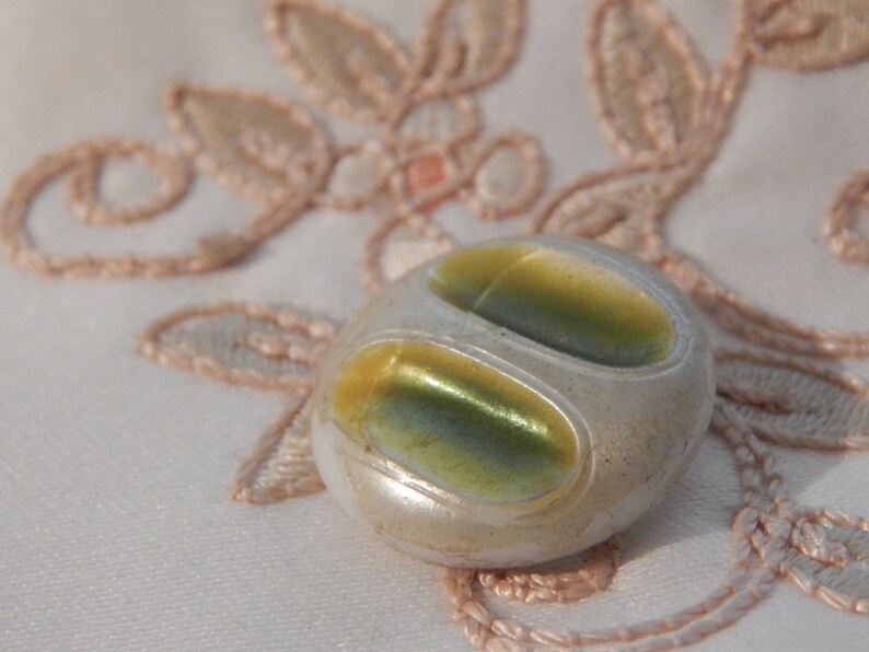 Antique Milk Glass Button with a Green Lacquer Finish