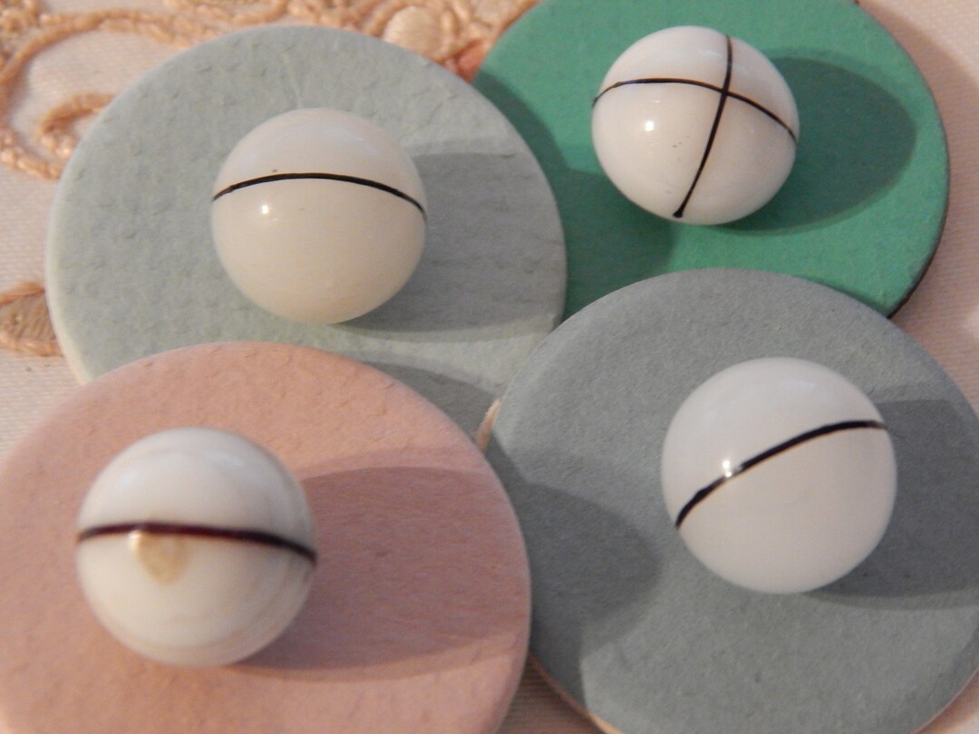 White Glass Round Ball Buttons With Black Lines - 4 Different - Etsy