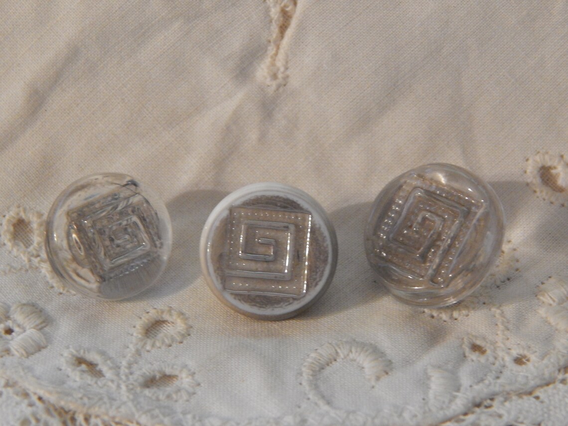 Greek Key Design With Silver Luster - 3 Swirlback Buttons - Milk Glass ...