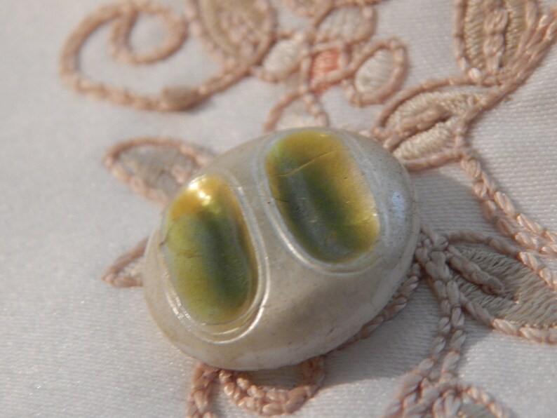 Antique Milk Glass Button with a Green Lacquer Finish