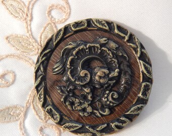 Flowery Dragon - Stamped Brass Woodback Button - Large Size