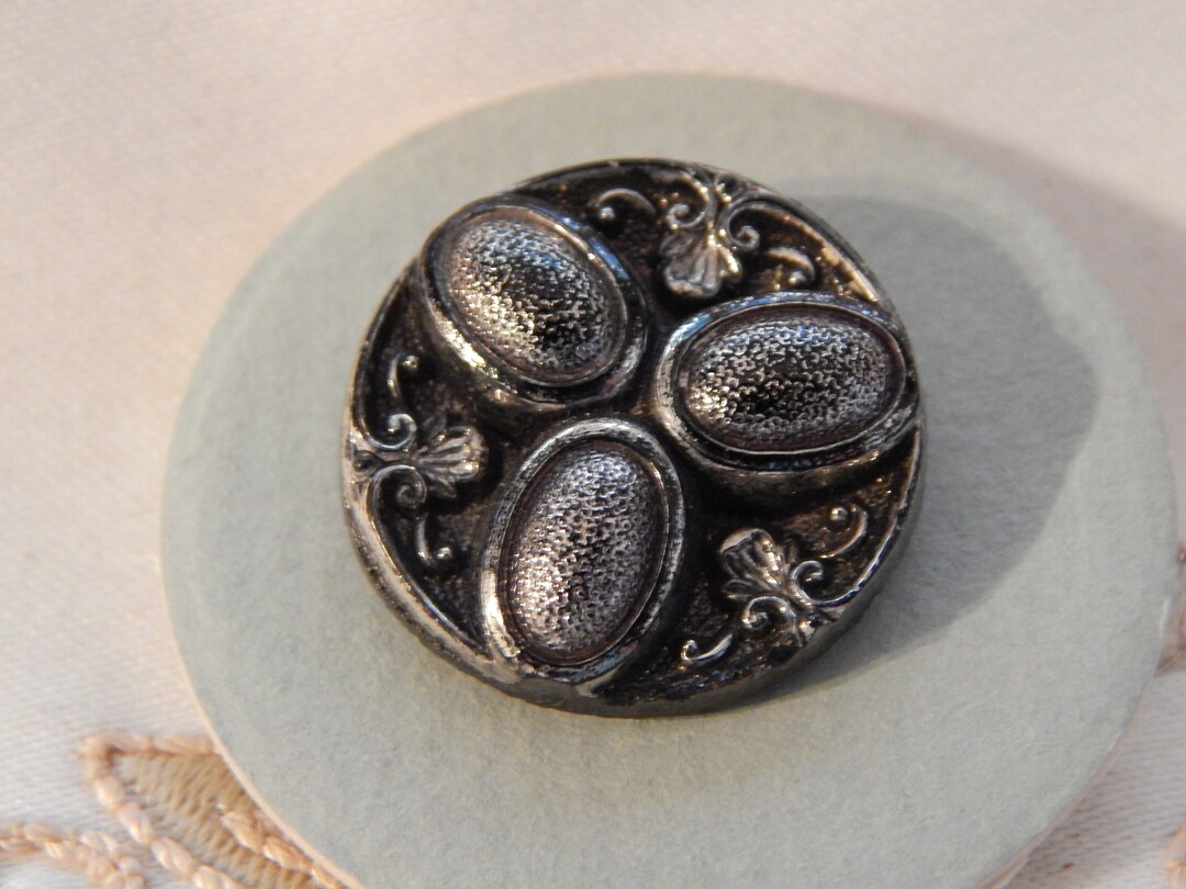 Three Egg Shaped Knobs Molded Antique Black Glass Button With Silver Luster Etsy