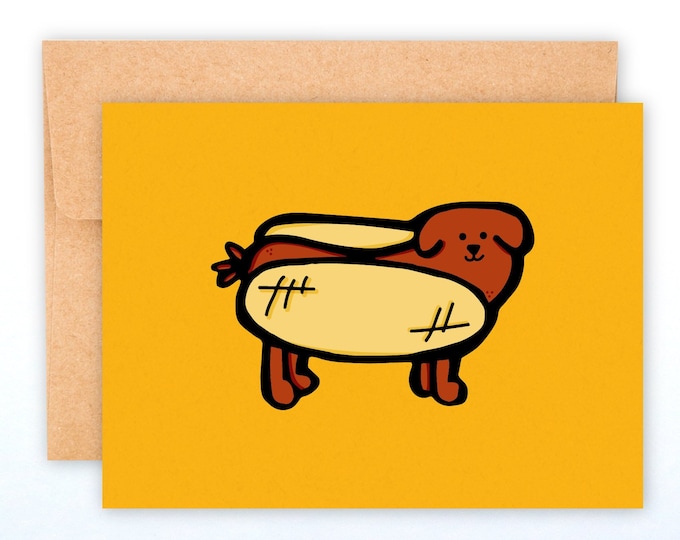 Hot Dog A2 Greeting Card 5.5"x4.25" with Envelope ~ Weiner Dachshund Sausage Yellow Puppy Pup