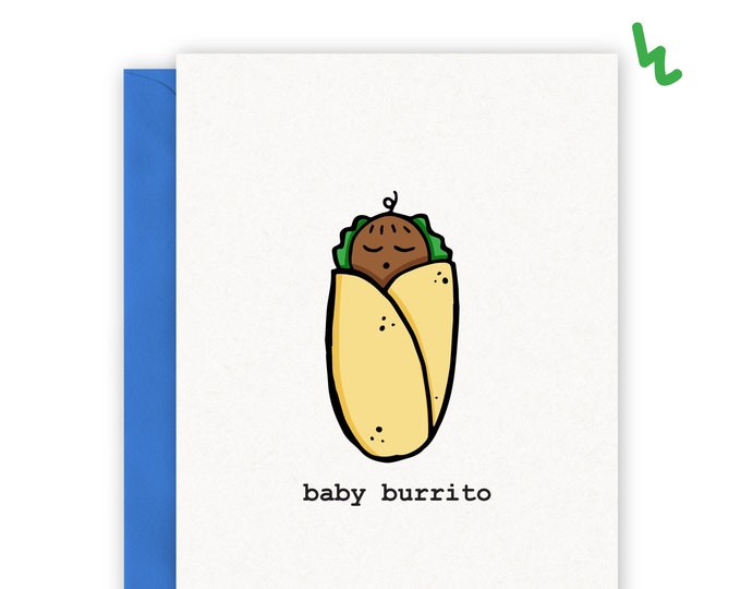 Baby Burrito A2 5.5"x4.25" Greeting Card with Envelope ~ Choose Skin Tone New Baby Shower Newborn Gender Reveal