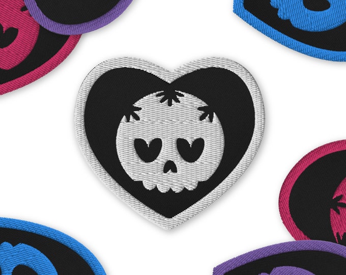 Heart Skull Embroidered Iron-On Patch ~ Skull Spooky Halloween