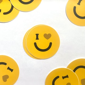I Heart You Smiley Face Sticker - Yellow Smile Heart, 3&quot; Vinyl
