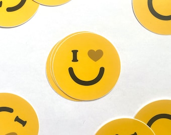 I Heart You Smiley Face 3" Circle Vinyl Stickers ~ Yellow Smile Heart Cute Love