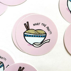 What the Pho Vinyl Round Bumper Sticker ~ Vietnamese Noodle Soup Illustration Purple Noodles Noods