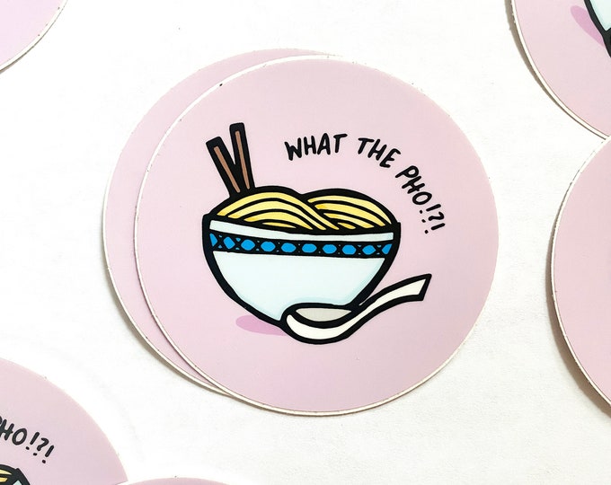 What the Pho Vinyl Round Bumper Sticker ~ Vietnamese Noodle Soup Illustration Purple Noodles Noods