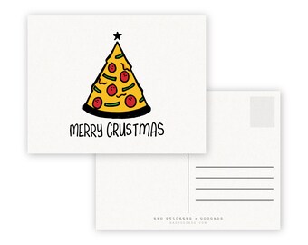 Merry Crustmas A2 5.5"w x 4.25"h Double Sided Postcard ~ Christmas Tree Pizza