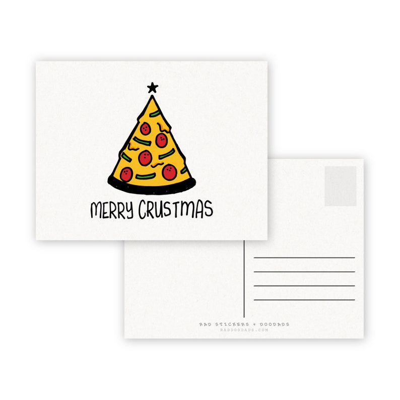 Merry Crustmas A2 5.5w x 4.25h Double Sided Postcard Christmas Tree Pizza image 1