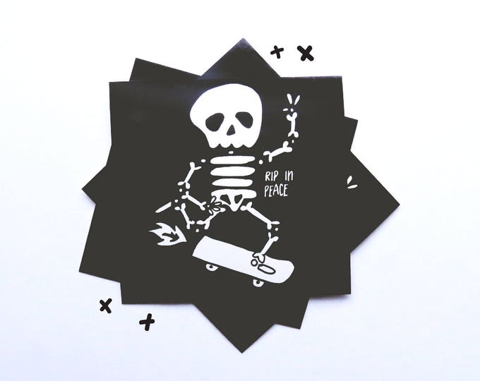 Rip in Peace Vinyl Bumper Sticker 2.75" Skeleton Skateboarding