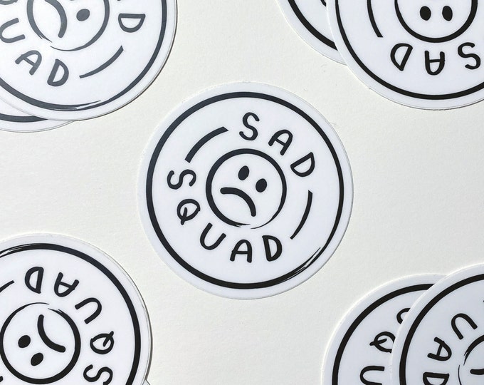 Sad Squad Circle Vinyl Sticker ~ Frowny Face Frown Black White Emo Tumblr Laptop Hydroflask