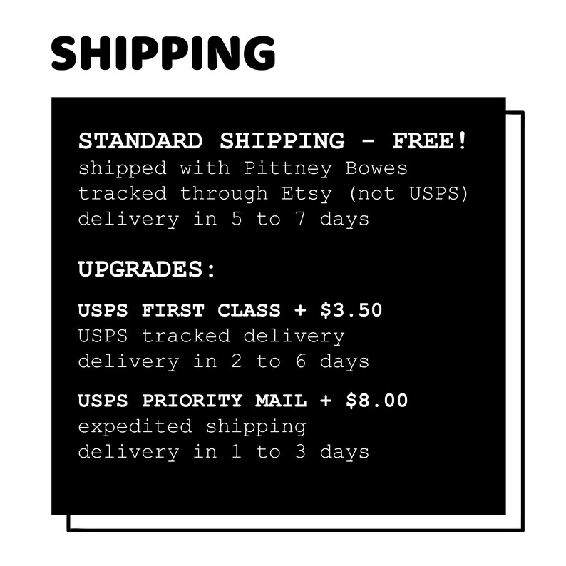 Pu&ograve; includere: Testo bianco e nero su sfondo nero che delinea le opzioni di spedizione per un negozio Etsy. La spedizione standard &egrave; gratuita e richiede da 5 a 7 giorni. La spedizione USPS First Class costa &euro; 3,50 e richiede da 2 a 6 giorni. La spedizione USPS Priority Mail costa &euro; 8,00 e richiede da 1 a 3 giorni.