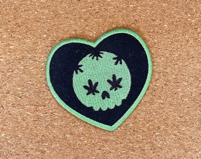 Stoner Skull Heart Shaped Embroidered Iron-On Patch ~ Skull Weed Patch Marijuana Pot Pothead Gift for Stoner