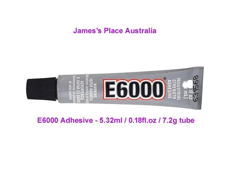 May include: A silver tube of E6000 Industrial Strength Adhesive. The tube is labeled with the brand name and product information. The tube is 5.32 ml or 0.18 fl oz and weighs 7.2 grams.