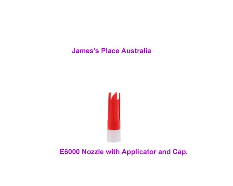 May include: Red plastic nozzle with a white applicator and cap. The text "E6000 Nozzle with Applicator and Cap." is below the nozzle.