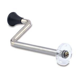 May include: A silver crank handle with a black plastic knob and a clear plastic base. The handle is bent at a 90-degree angle.