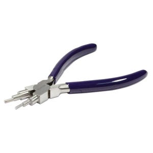 May include: A pair of pliers with blue handles and a silver metal head. The head has three different sized holes for making loops in wire.