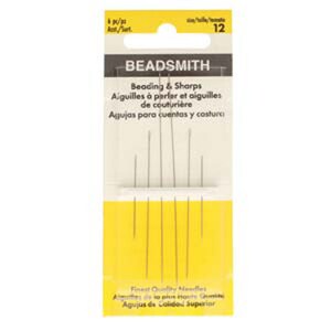 May include: A pack of 12 Beadsmith beading and sharp needles, size 12. The pack is yellow with black text and a white background. The needles are silver and are arranged in a row.
