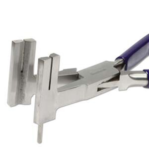 May include: Close-up of a silver jewelry pliers with blue handles. The pliers have a unique design with two prongs on one side and a single prong on the other.