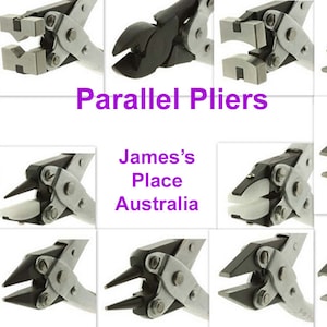 May include: A set of parallel pliers with different jaw styles. The pliers are made of metal and have a silver finish. The text "Parallel Pliers" is written in purple letters on a white background. The text "James's Place Australia" is written in purple letters on a white background.