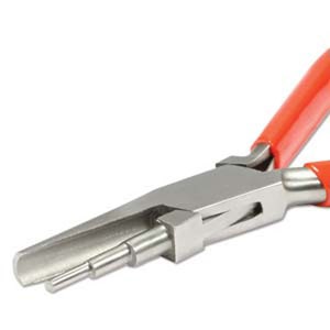 May include: Metal jewelry pliers with red handles. The pliers have a silver finish and a stepped mandrel for shaping wire. The tool is designed for jewelry making and wire wrapping projects.