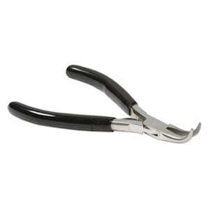 May include: Black handled pliers with a bent tip, used for bending and shaping wire.